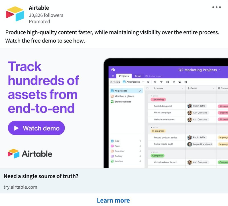 B2B LinkedIn Ad Examples: Airtable